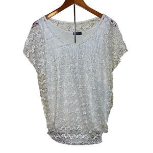 Lavish Lace Overlay Top Women Large White  Short Sleeve Scoop Neck Lined
